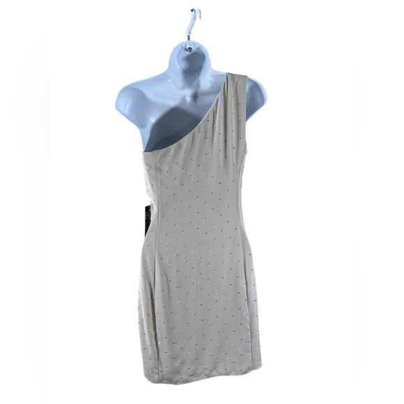 NWT Express Spaghetti Strap Rhinestone One Shoulder Beige Bodycon Dress Size 0 - Picture 5 of 9